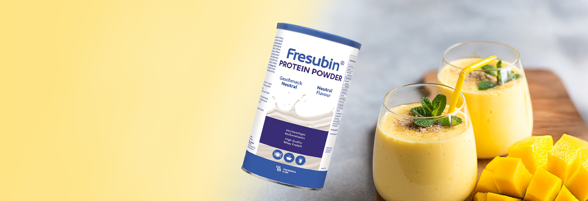 Eiskalte Erfrischung mit dem Mango-Joghurtshake. Ein Rezept mit Fresubin Protein Powder