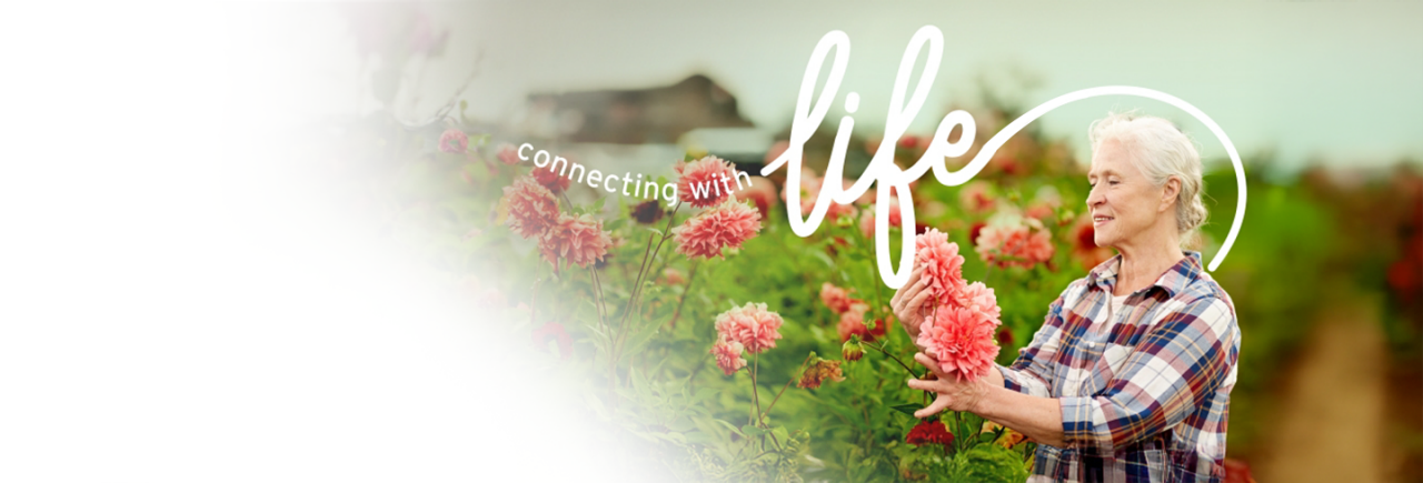 Older woman in a garden holding pink flowers, with the words “Connecting with life” displayed in large white script across the image.