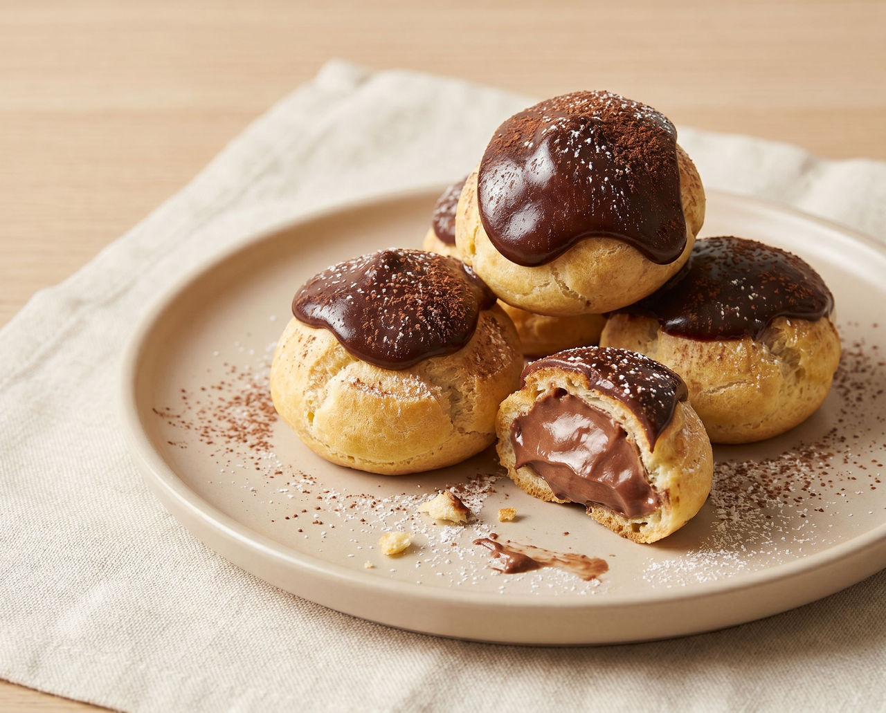 Profiteroles with chocolate pudding