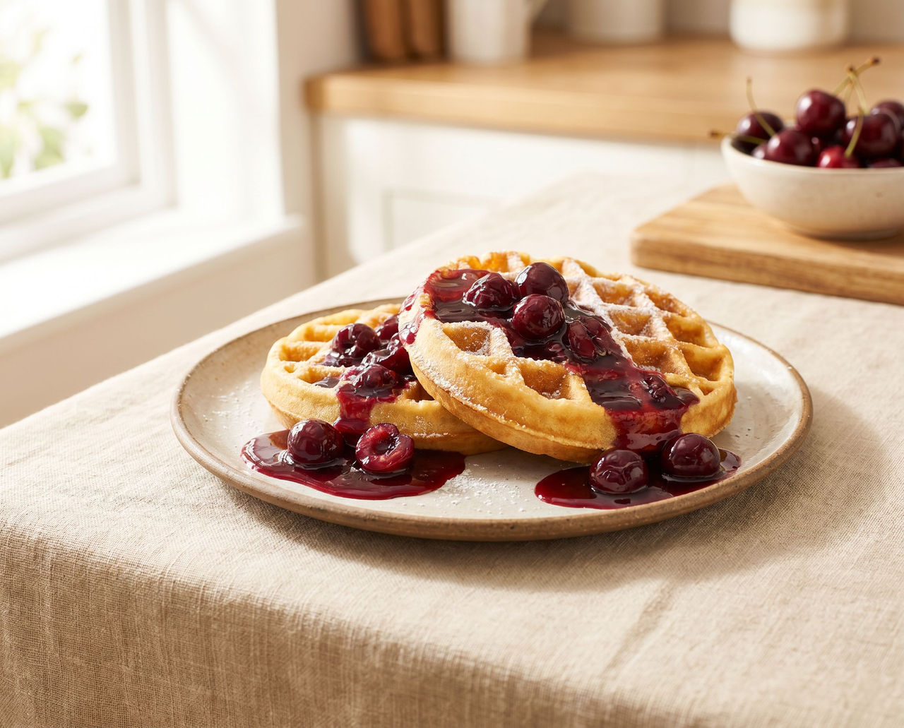 Waffels with morello cherries in a fruits of the forest sauce