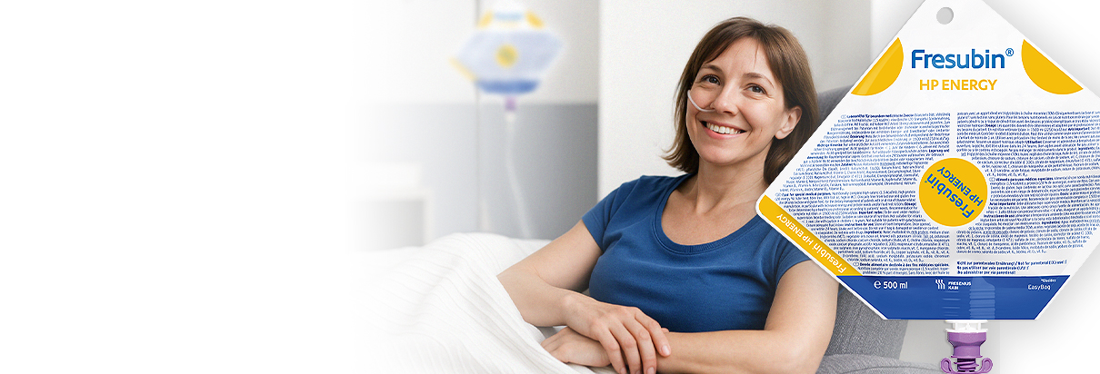 moteris šypsosi su zondu įvestu per nosį, Fresubin HP ENERGY enterinės mitybos mišinio maišas